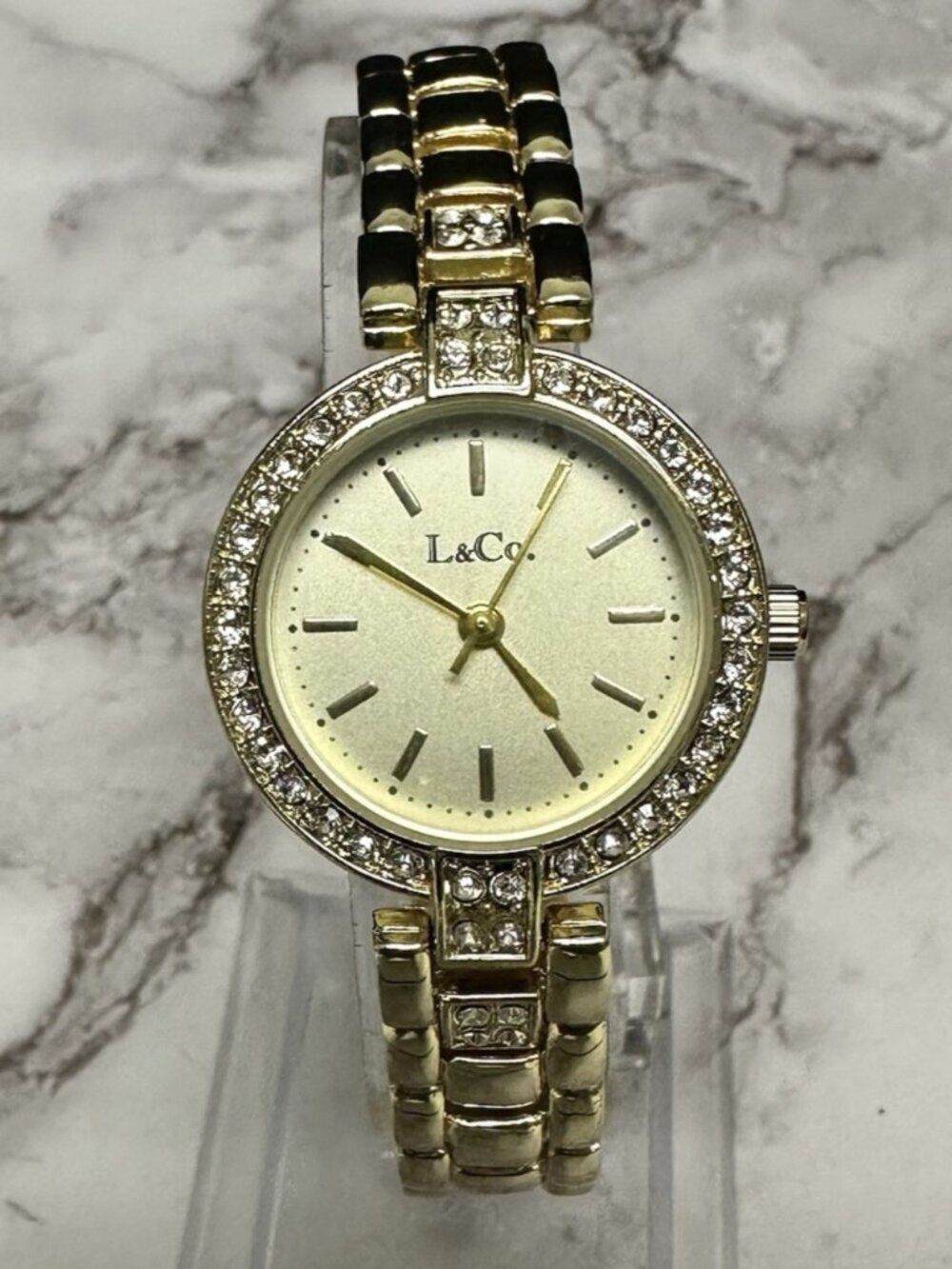 3/$30 L & Co Watch Women Gold Tone Round Dial Crystal Bezel New Battery 7.25"